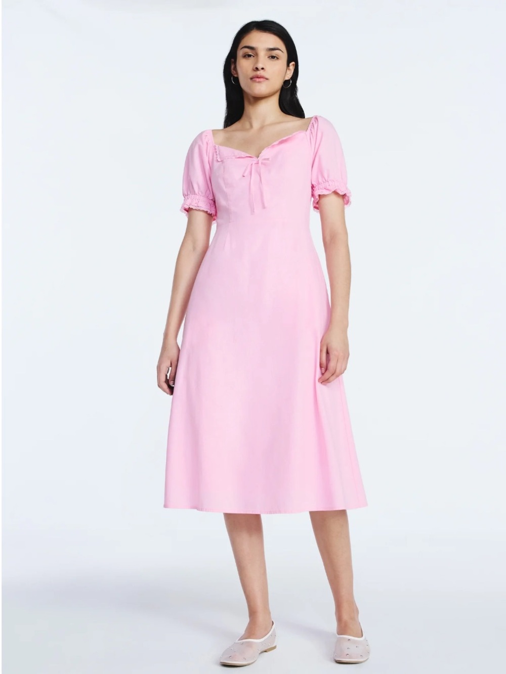 Sweetheart Tie-Front Pink Midi Dress with Puff Sleeves